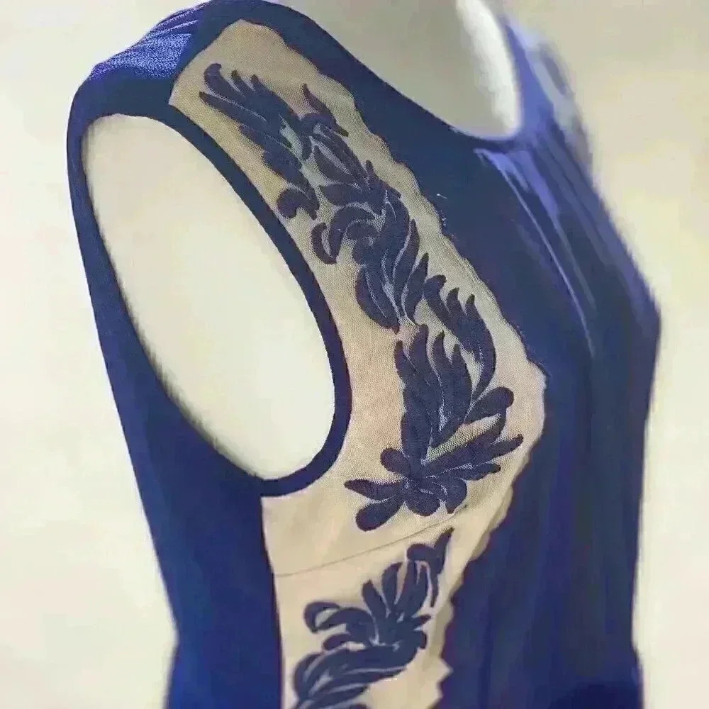 Urban Outfitters Pins and Needles Embroidered Royal Blue Deep V back Flowy Dress - Picture 7 of 12